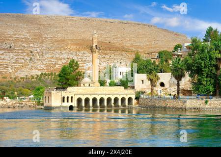 Mosquée partiellement submergée d'Eski Halfeti en raison de la construction du barrage de Birecik sur l'Euphrate, Old Halfeti, Turquie Banque D'Images