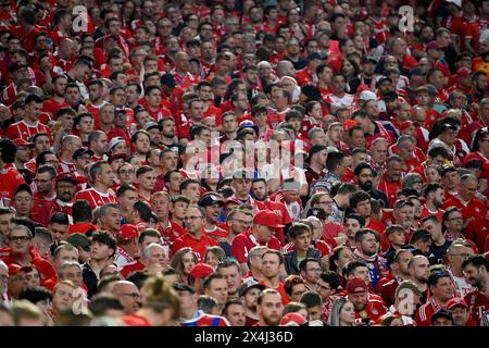 Spectateurs, fans, courbe de ventilateur, bloc de ventilateur, FC Bayern Munich, FCB, Allianz Arena, Munich, Bavière, Allemagne Banque D'Images