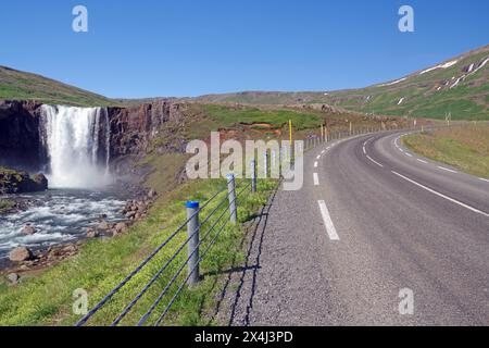 Cascade en face d'une route serrant la montagne, Gufufoss, Seydisfjoerdur, Islande Banque D'Images