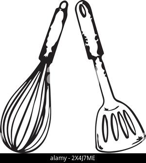 Ensemble d'illustrations vectorielles. Ustensiles de cuisine, spatule à viande, fouet pour fouetter la crème et la pâte. Tous les objets sont dessinés en noir dans le vecteur. Illustration de Vecteur