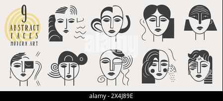 Grand ensemble de visages variés, formes abstraites. Style de peinture à l'encre. Illustrations vectorielles contemporaines dessinées à la main. Ligne continue, minimaliste élégant con Illustration de Vecteur