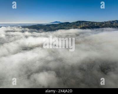 Vue aérienne de la chaîne de montagnes Cardó - Boix un matin d'hiver avec une mer de nuages et de brouillard au-dessus du Pla de Burgar (Tarragone, Catalogne, Espagne) Banque D'Images