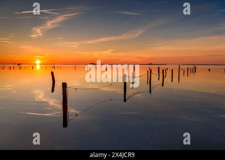 Lever de soleil d'hiver dans la baie d'Alfacs, dans le delta de l'Èbre, avec mer calme et fermes de moules en arrière-plan (Tarragone, Catalogne, Espagne) Banque D'Images