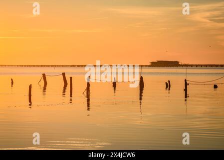 Lever de soleil d'hiver dans la baie d'Alfacs, dans le delta de l'Èbre, avec mer calme et fermes de moules en arrière-plan (Tarragone, Catalogne, Espagne) Banque D'Images