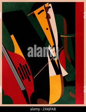 Il bassiste de Jazz. Lecteur de basses. Affiche artistique. Imprimé art graphique contemporain. Style rétro. Banque D'Images