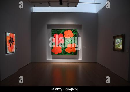 New York, États-Unis. 03 mai 2024. (À gauche) coquelicot rouge de Georgia O'Keeffe, est. $10,000,000-15,000,000, (au centre) fleurs de Andy Warhol, est. $20,000,000-30,000 et (à droite) coin de jardin avec papillons de Vincent Van Gogh, est. $28,000,000-35,000 000 sont vus à Christie's Spring 20/21 Marquee week Press Preview à New York, NY, le 3 mai 2024. (Photo par Efren Landaos/Sipa USA) crédit : Sipa USA/Alamy Live News Banque D'Images