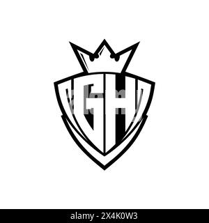 GH logo de lettre gras avec forme de bouclier de triangle pointu avec couronne à l'intérieur du contour blanc sur la conception de modèle de fond blanc Banque D'Images