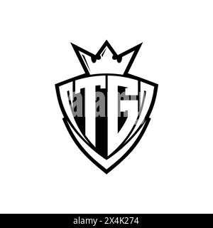 TG logo de lettre gras avec forme de bouclier de triangle pointu avec couronne à l'intérieur d'un contour blanc sur fond blanc conception de modèle Banque D'Images