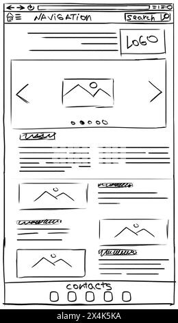 Modèle de conception de site Web. Filaire avec différents éléments sur fond blanc Banque D'Images