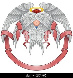 Conception vectorielle d'Ange avec six ailes et ruban, visage angélique de la religion catholique, archange ailé et entouré de rouleau céleste Illustration de Vecteur