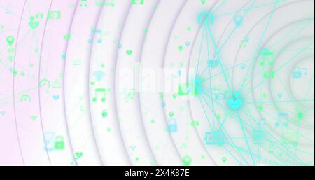 Image de l'interface numérique avec globe tournant et icônes sur des cercles blancs Banque D'Images