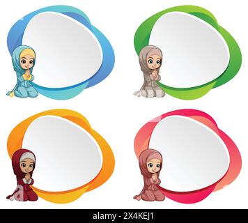 Quatre personnages joyeux avec des bulles de discours vibrantes Illustration de Vecteur