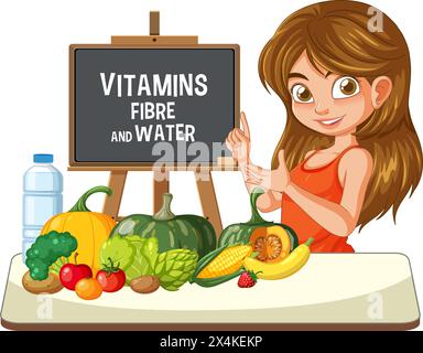 Femme enseignant sur les vitamines, les fibres et l'hydratation. Illustration de Vecteur