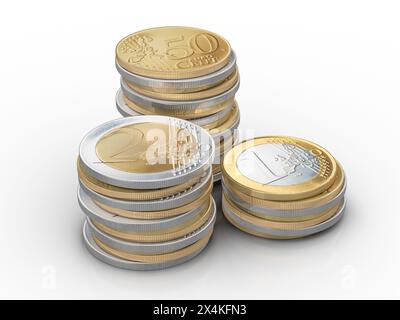 Pièces en euros sur fond blanc. illustration 3d. Banque D'Images