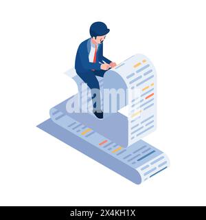 Plat 3d Isométrique homme d'affaires écrivant sur le document. Papier et concept de ghostwriter. Illustration de Vecteur