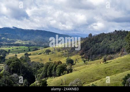 regardant au-dessus d'une vallée verdoyante à des montagnes lointaines Banque D'Images