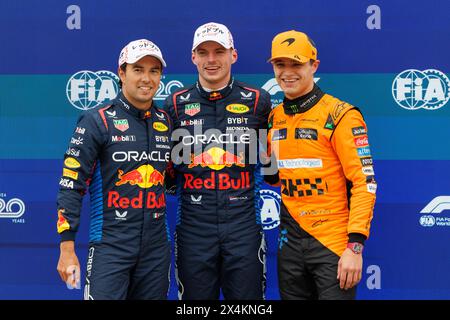 Circuit de Suzuka, 6 avril 2024 : Max Verstappen (NED) se classe 1er, Sergio Perez (MEX) 2e et Lando Norris (GBR) 3e en qualifications Banque D'Images