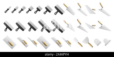Ensemble de couteau à mastic en acier inoxydable et truelles isolé sur un fond blanc. Spatule à plâtre, truelle à ciment, construction de truelles de carrelage à encoches, BU Illustration de Vecteur