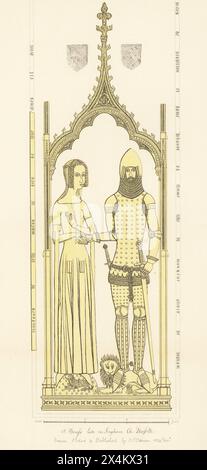 Sir Miles Stapleton, c. 1320-1365, et sa seconde épouse Joan de Ingham. Chevalier en armure, hauberk, surmanteau avec deux épées. Dame en voile, coiffe réticulée, robe à manches longues drapées. Cuivres commémoratifs à Holy Trinity Church, Ingham, Norfolk. Gravure sur cuivre teintée dessinée, gravée et publiée par John Sell Cotman dans gravures of the Most remarquable of the Sepulchral Brasses in Suffolk, Henry Bohn, Londres, 1818. Banque D'Images