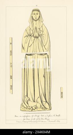 Lady Joan Plays, épouse de Sir John Plays, décédée en 1385. En wimple et robe avec col droit à la manière d'un gorget. Cuivres commémoratifs à l'église Holy Trinity, Ingham, Norfolk. Gravure sur cuivre teintée dessinée, gravée et publiée par John Sell Cotman dans gravures of the Most remarquable of the Sepulchral Brasses in Suffolk, Henry Bohn, Londres, 1818. Banque D'Images