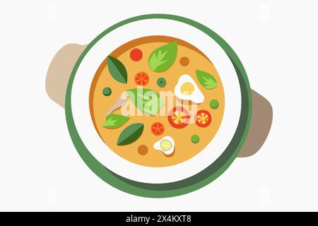 Tom Kha Gai dans un bol avec du poulet, des champignons dans un bouillon de lait de coco. Soupe traditionnelle thaïlandaise à la noix de coco avec des herbes fraîches. Concept de cuisine asiatique authentique. Illustration de Vecteur