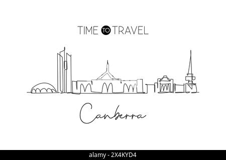 Un dessin au trait continu des gratte-ciel de Canberra, Australie. Magnifique point de repère. Affiche de vacances de voyage de tourisme de paysage mondial. Style modifiable Illustration de Vecteur