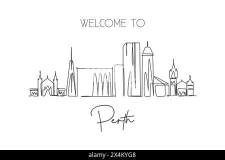 Un dessin à la ligne de Perth City skyline, Australie. Paysage de ville historique. Meilleure destination de vacances maison décoration mur art imprimé affiche. Tendance Illustration de Vecteur