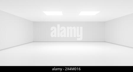 Pièce intérieure blanche vide avec deux plafonniers incrustés et des murs blancs, architecture moderne ou fond de modèle de présentation de produit, illustrat 3D. Banque D'Images