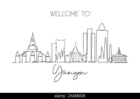 Un dessin à la ligne de l'horizon de la ville de Yangon, Myanmar. Paysage de ville historique dans le monde. Meilleure affiche de destination de vacances. Trait modifiable tren Illustration de Vecteur