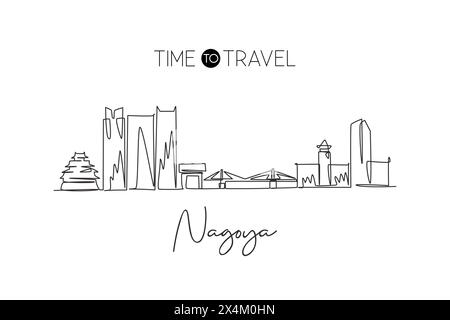 Dessin en ligne continue unique de l'horizon de la ville de Nagoya, au Japon. Célèbre grattoir de ville et paysage. World Travel concept maison décoration mur art imprimé poster Illustration de Vecteur