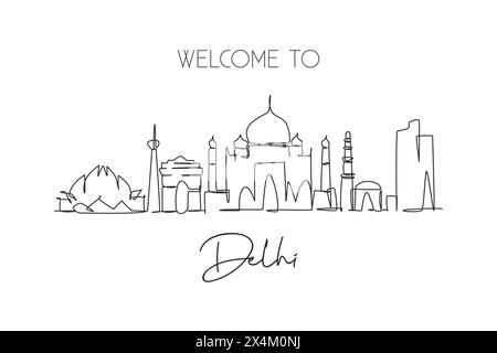 Un dessin à la ligne de Delhi City skyline, Inde. Paysage de ville historique dans le monde. Meilleure destination de vacances. Trait modifiable tendance continue Illustration de Vecteur