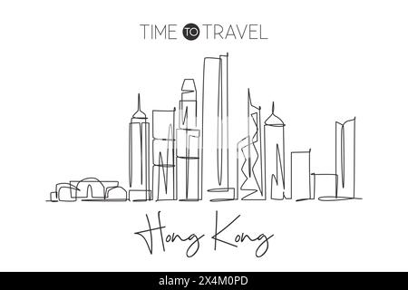 Un dessin au trait continu de l'horizon de la ville de Hong Kong, Chine. Magnifique motif mural décoratif imprimé poster. Tourisme de paysage mondial voyage vacances. Sty Illustration de Vecteur