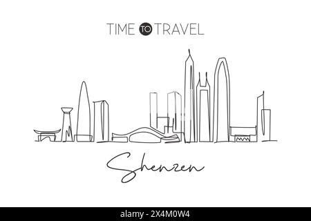 Ligne continue unique dessinant Shenzhen City skyline, Chine. Célèbre grattoir de ville et paysage maison décoration murale impression d'affiche d'art. Concept de voyage mondial. Illustration de Vecteur