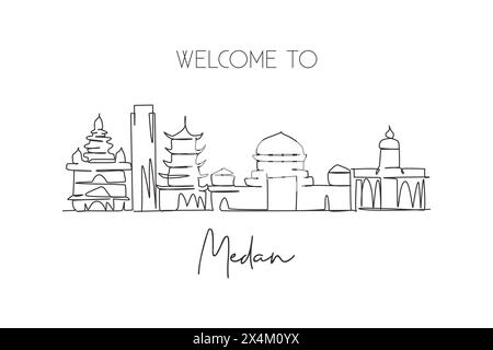 Dessin au trait continu unique de la ville de Medan, Indonésie. Célèbre grattoir de ville et imprimé de carte postale de paysage. Concept de voyage mondial. Stro modifiable Illustration de Vecteur