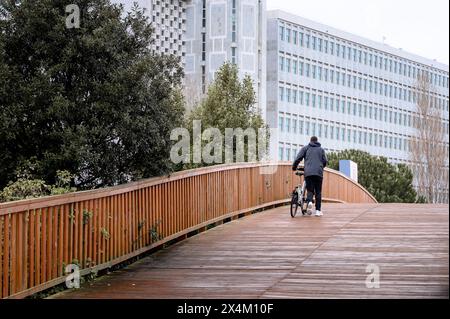 L'homme monte son vélo pour travailler sur un pont en bois à Lisbonne Banque D'Images