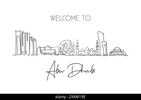 Un dessin au trait continu de l'horizon de la ville d'Abu Dhabi, Émirats arabes Unis. Magnifique point de repère de la ville. Tourisme de paysage mondial et voyages . St. Modifiable Illustration de Vecteur