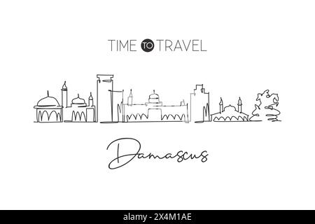 Un dessin au trait de l'horizon de la ville de Damas, Syrie. Ville historique paysage maison décoration murale art poster imprimé. Meilleure destination de vacances. Tendance Illustration de Vecteur