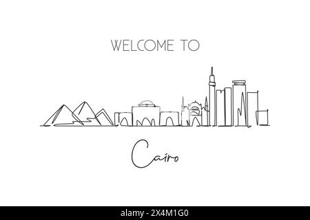 Un dessin au trait continu de l'horizon de la ville du Caire, Egypte. Magnifique point de repère. Tourisme de paysage mondial et vacances de voyage. Texte élégant modifiable Illustration de Vecteur