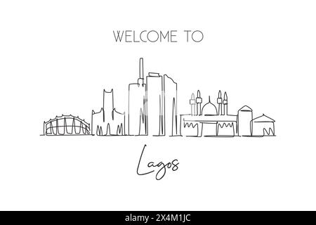 Un dessin au trait de Lagos City skyline, Nigeria. Ville historique paysage maison mur décor poster imprimé Meilleure destination de vacances. Tendance c Illustration de Vecteur