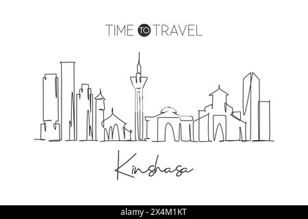 Une seule ligne dessinant l'horizon de la ville de Kinshasa, Congo. Paysage de ville historique dans le monde. Meilleure destination de vacances. Trait modifiable tendance continue Illustration de Vecteur