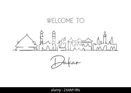 Ligne continue unique dessinant l'horizon de la ville de Dakar, Sénégal. Célèbre grattoir de ville et imprimé de carte postale paysage Concept de voyage mondial. Contour modifiable Illustration de Vecteur