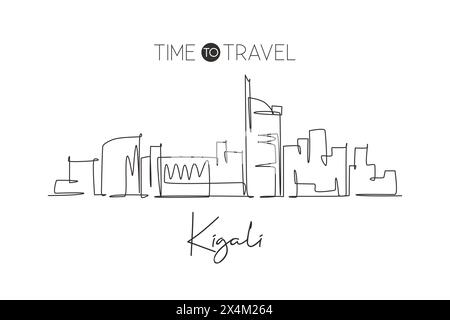Dessin au trait continu unique de l'horizon de la ville de Kigali, Rwanda. Célèbre ville grattoir et paysage maison décoration murale poster imprimé World Travel Concepp Illustration de Vecteur
