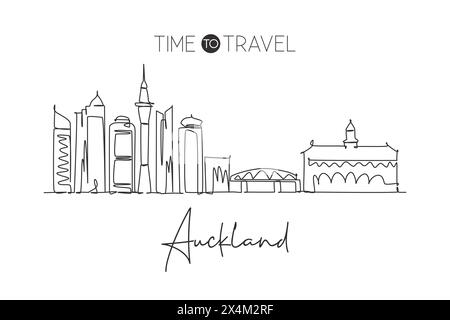 Un dessin au trait de la ville d'Auckland, Nouvelle-Zélande. Paysage de ville historique du monde. Meilleur endroit destination de vacances affiche de décoration à la maison. TREN Illustration de Vecteur