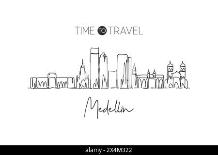Dessin au trait continu unique de l'horizon de la ville de Medellin, Colombie. Célèbre grattoir de ville et paysage. Concept de destination de voyage mondial. Contour modifiable Illustration de Vecteur