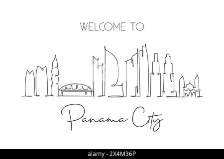 Un dessin à la ligne de Panama City skyline, Panama. Paysage de ville historique du monde. Meilleur endroit destination de vacances carte postale. Trait modifiable tren Illustration de Vecteur