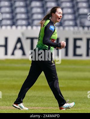 Bristol, Royaume-Uni, 4 mai 2024. Amanda-Jade Wellington de Western Storm célèbre avoir pris le guichet de Maia Bouchier des Southern Vipers lors du match Rachael Heyhoe-Flint Trophy entre Western Storm et Southern Vipers. Crédit : Robbie Stephenson/Gloucestershire Cricket/Alamy Live News Banque D'Images