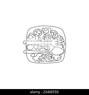 Un dessin en ligne continue de l'emblème frais du restaurant de salades délicieuses, vue de dessus. Concept de modèle de logotype de boutique de café d'aliments biologiques sains. Illustration de Vecteur
