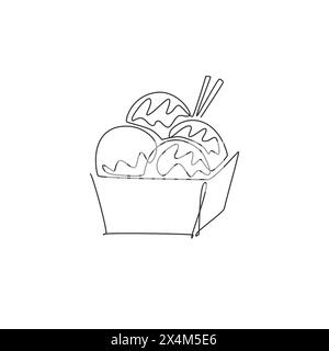 Dessin en ligne continue unique de l'étiquette stylisée du logo japonais de balle takoyaki. Concept de restaurant de fruits de mer emblématique. Vecteur de conception moderne de dessin d'une ligne il Illustration de Vecteur