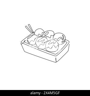 Un dessin simple ligne du graphique d'illustration vectorielle de logo de balle takoyaki japonais frais. Menu de café de fruits de mer et concept de badge de restaurant. conti moderne Illustration de Vecteur