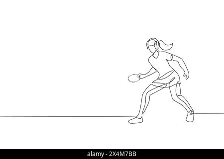 Dessin de ligne continue simple de jeune femme agile joueur de tennis de table tenir la balle. Concept d'exercice sportif. Trendy une ligne dessiner vecteur de conception illu Illustration de Vecteur